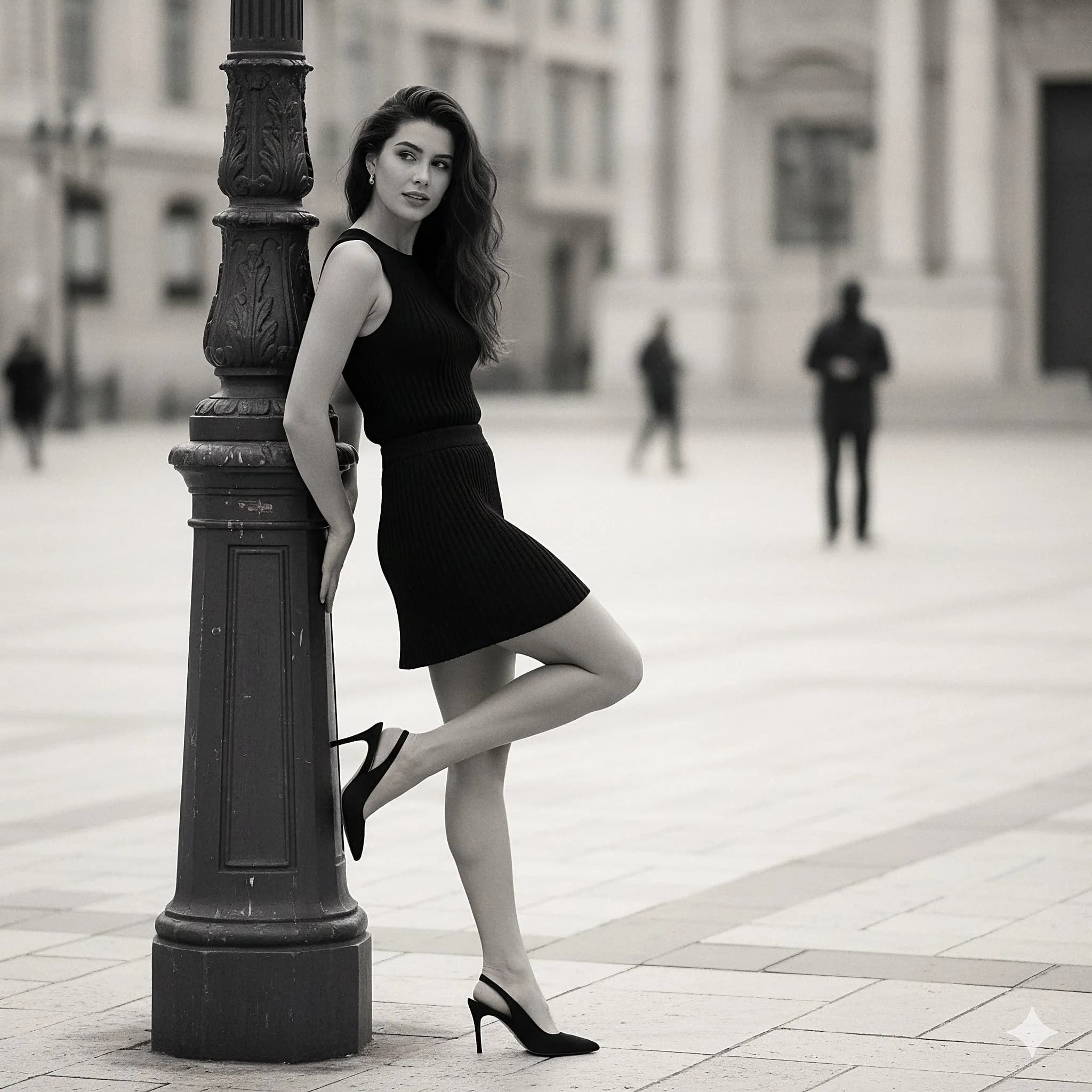 黑色针织套装女性的优雅姿态