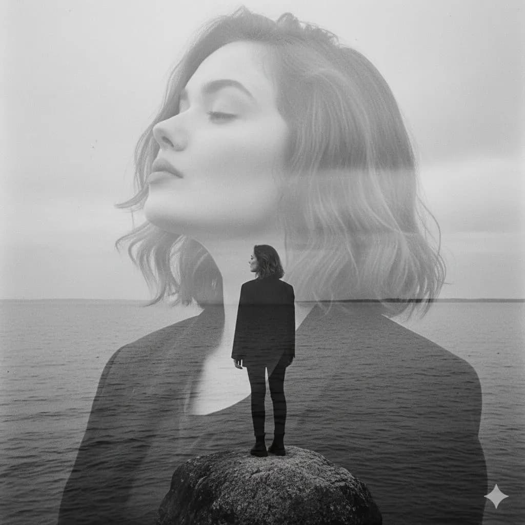 水边女性黑白双重曝光