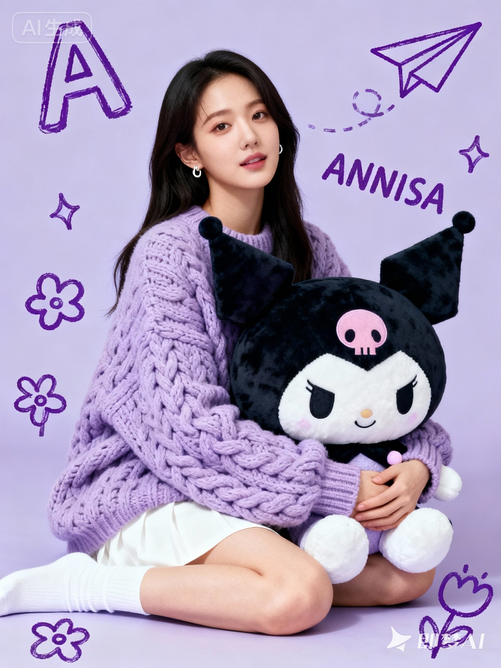 Portrait of an East Asian Woman Hugging Kuromi Plushie