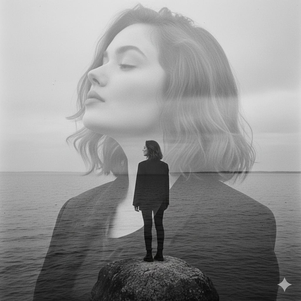 Black and White Double Exposure of a Woman by the Water