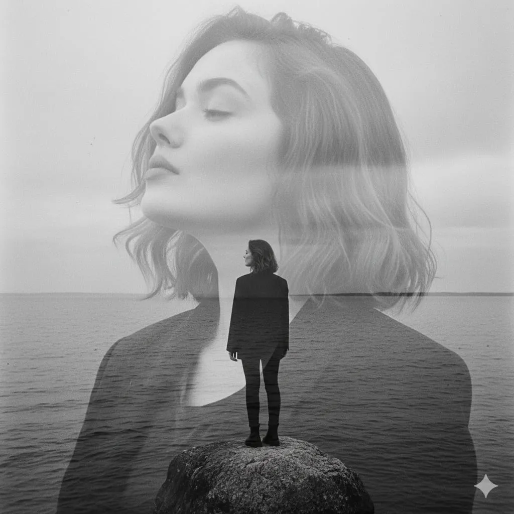 Black and White Double Exposure of a Woman by the Water