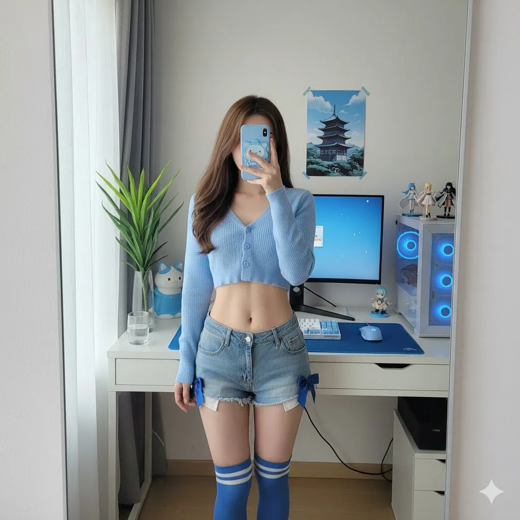 25-Year-Old East Asian Girl's Mirror Selfie in a Blue-Toned Bedroom Computer Corner